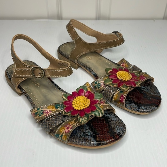 Socofy Open Toe Floral Cut Out Sandals Size 40/9.5 Strap Low Heels Tan Red - Picture 1 of 11